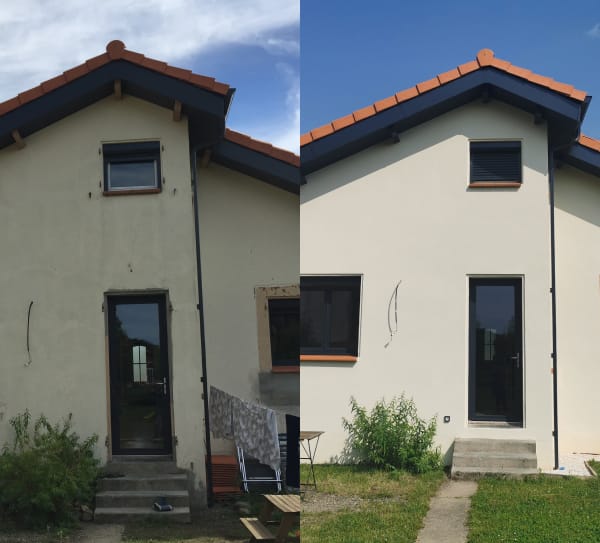Travaux de ravalement de façade à Muret par TradiFace, montrant l'avant et l'après du projet.